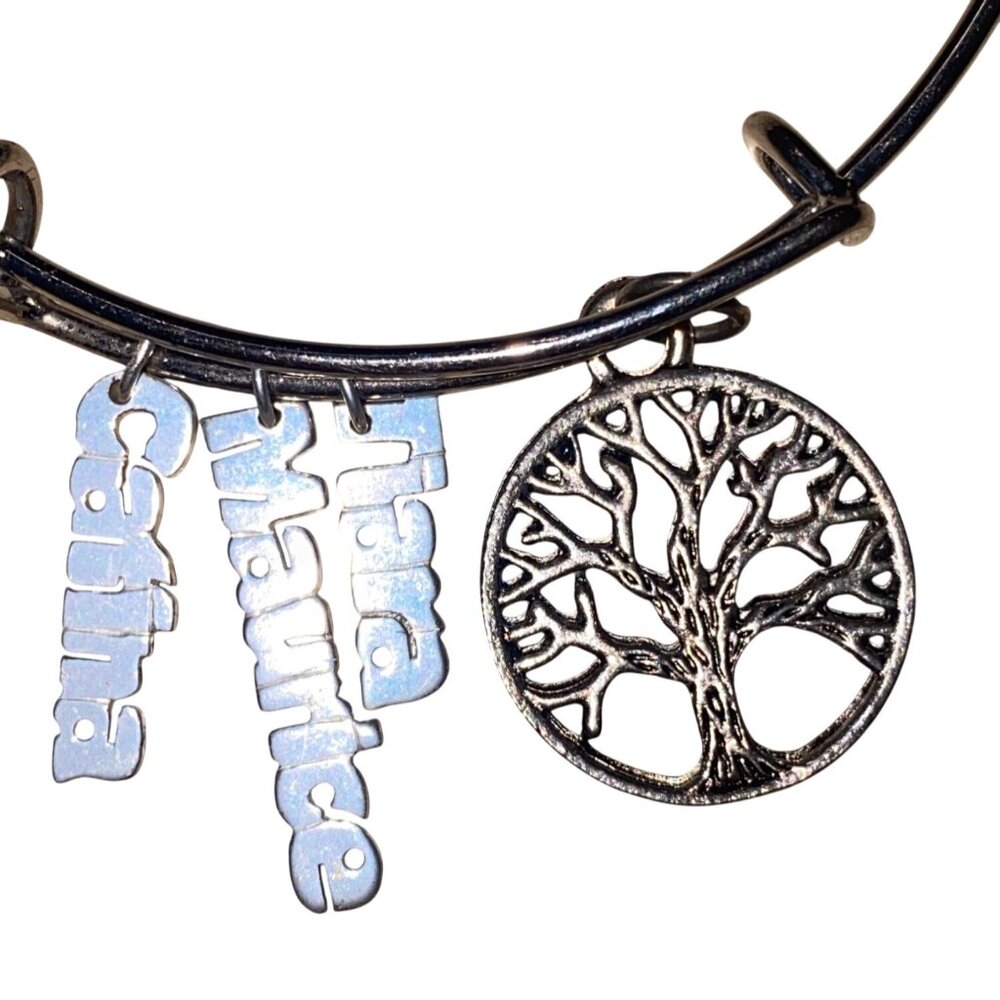 Silver Bangle Bracelet With Family Tree & Name Charms